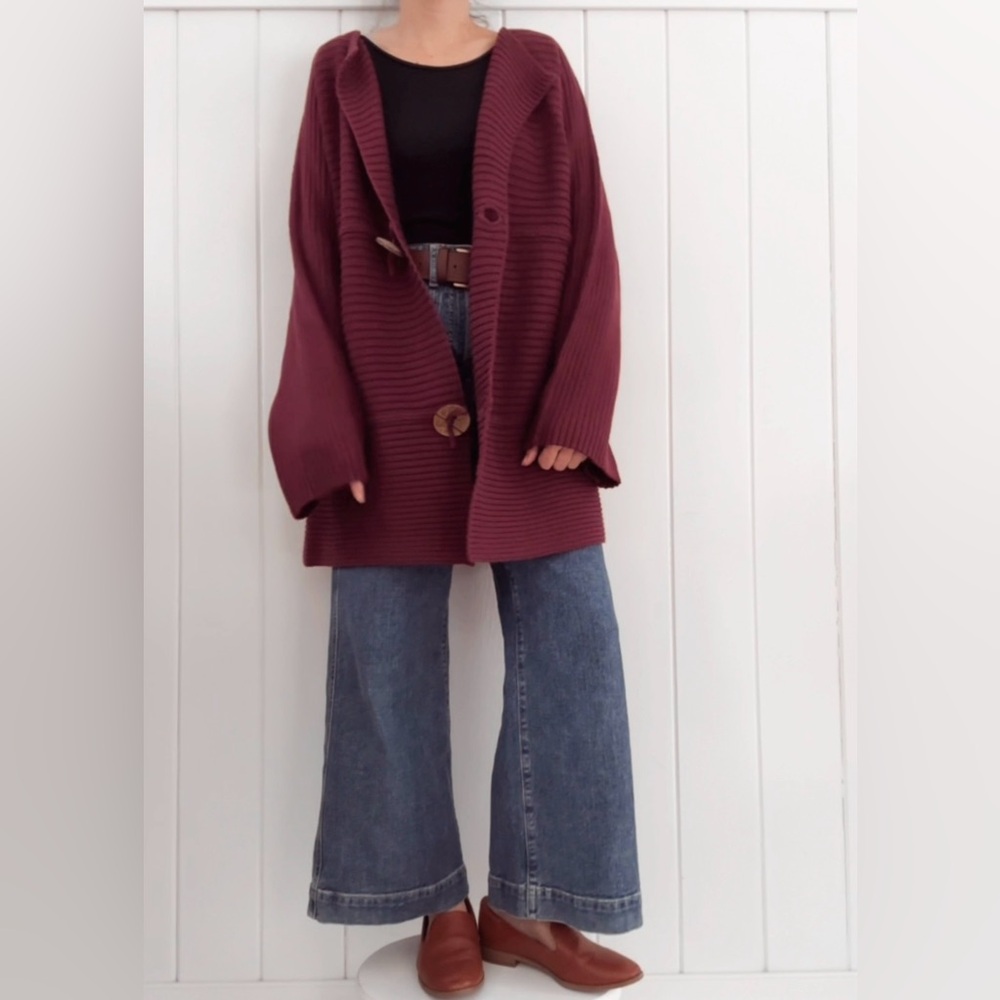 Modern Soul Oversized Chunky Cardigan Lagenlook Maroon Women XL Ribbed Thick